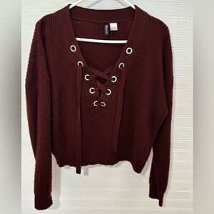 Women's Divided Burgundy Lace-Up Sweater